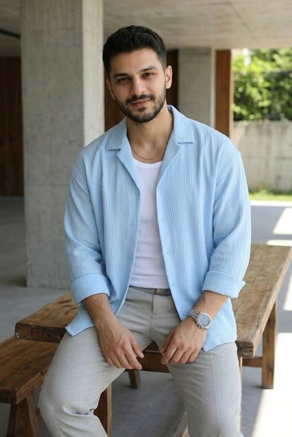 Ütü gerektirmeyen spor gömlek oversize kalıp MAVİ