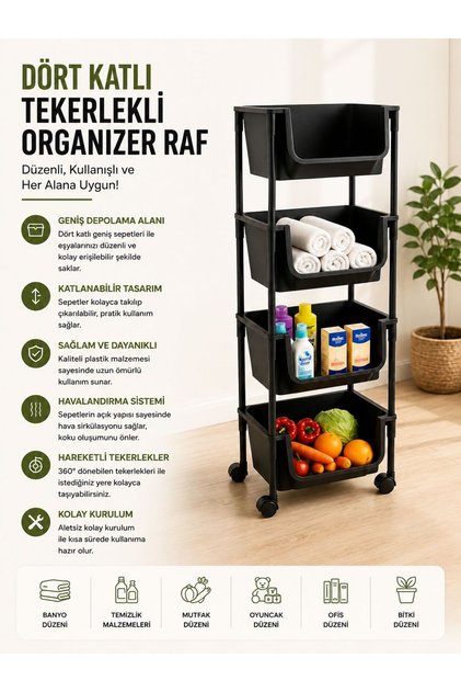 4 Katlı Tekerlekli Organizer Raf Modern Portratif Kiler Düzenleyici Sepet,Mutfak Rafı,Oyuncak Dolabı
