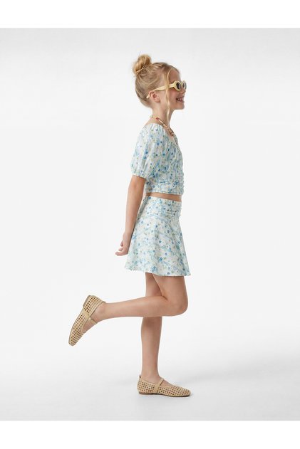 Ruffle Detailed High Waist Viscose Fabric Floral Skirt