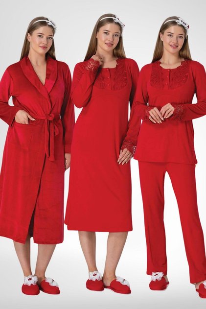 Mecit 6500 Red Velvet Dressing Gown Nightgown Pajamas Maternity Set