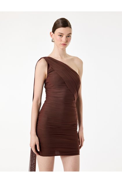 Slim Fit Drapeli Tek Omuz Mini Bodycon Elbise