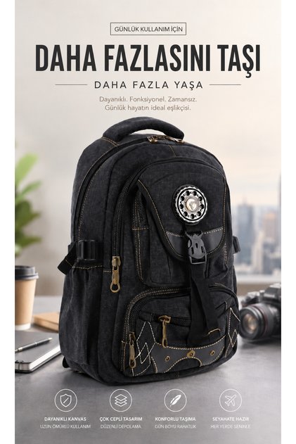 ÇÇS Negru Ccs51416 Rucsac unisex din pânză, rezistent la apă, cu buzunare multiple