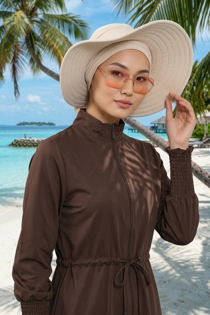 Hijab (Sea, Pool) Swimming Cap with Detachable Bow on the Back, S-10Sn, Beige