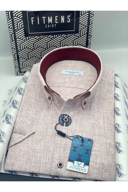 Classic Short Sleeve Linen Collar Buttoned Men's Shirt with Gift Box Fs-003626 - Burgundy