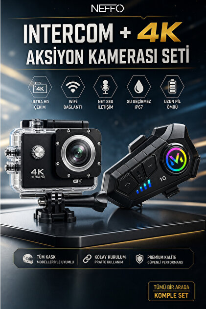 NEFFO Motorcu Seti 4K Aksiyon Kamerası + Intercom V10 – Motorcu
