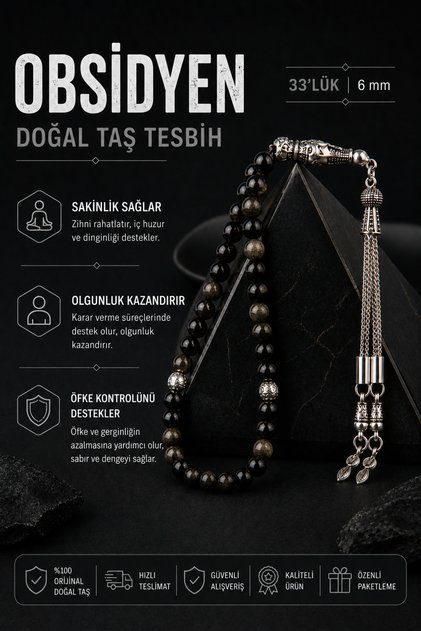 Orijinal & Sertifikalı Obsidyen Doğal Taş El Yapımı Özel Kutulu Hediyelik Erkek Tesbih 33lük 6mm