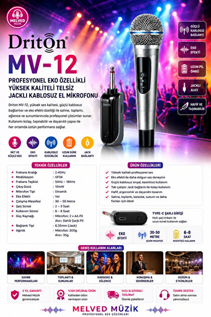 DRİTON MV-12 PROFESYONEL EKO ÖZELLİKLİ YÜKSEK KALİTELİ TELSİZ