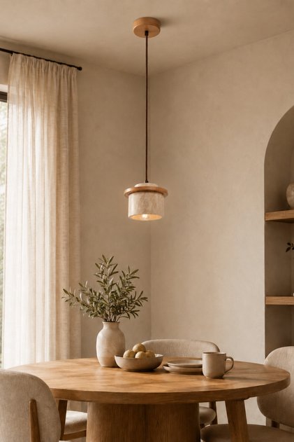 Ente Oak Traverten ve Meşe Ahşap Detaylı Sarkıt Avize Ampul Dahil Doğal Taş Modern Aydınlatma