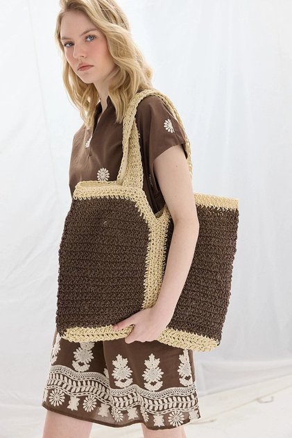 Contrast Detailed Straw Bag - Brown
