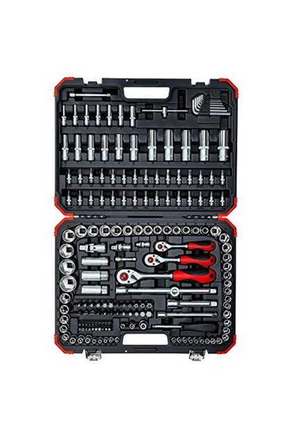 Set de chei tubulare roșii, 1/4 " + 3/8 " + 1/2 ", 172 piese (roșu / negru, cu clichet cu 3 manete)