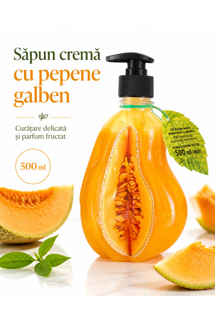 Sapun lichid crema pentru maini, Clean & Fresh, Pepene Galben, 500 ml, cu extract de pepene galben, pompa dozatoare, sticla decorativa