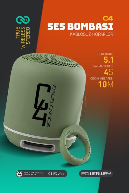 C4 Yeşil Taşınabilir Bluetooth Hoparlör Ses Bombası Yüksek Ses Gücü Sese Duyarlı Led Işık