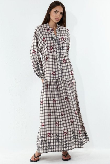 Bdart Ethnic Patterned V-Neck Buttoned Maxi Dress