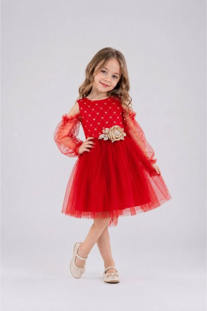 Girl's Evening Dress, Glittery Flower Detail, Off-The-Shoulder Tulle Sleeves, Age 4-7