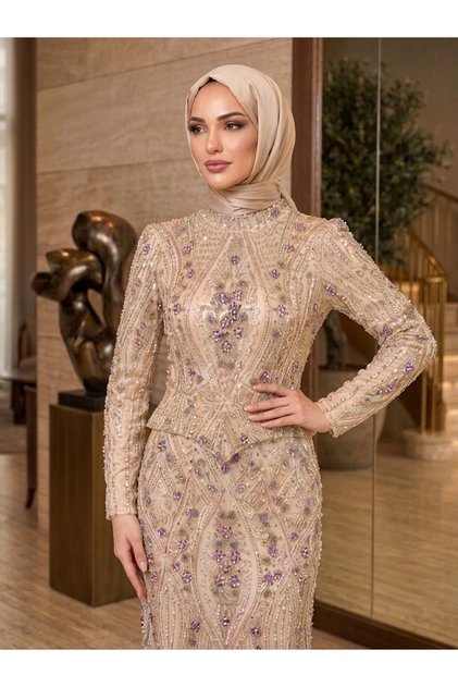 Premium Taş İşlemeli Tasarım Tesettür Abiye Elbise