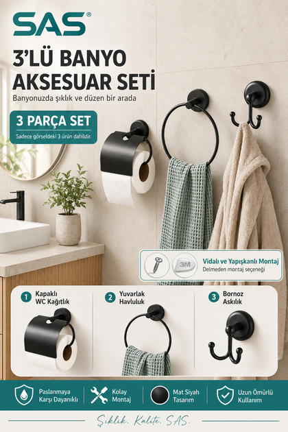 3-Piece Black Bathroom Accessory Set with Cover, Toilet Paper Holder, Round Towel Holder, Robe Hanger, with Screws and Adhesive