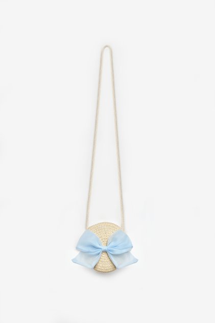 Girl's Beige Straw Bag with Blue Bow