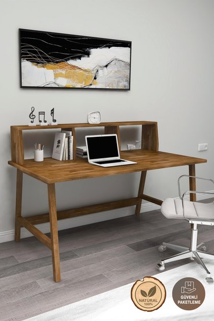 Masif Ahşap Çalışma Masası 120x60 Doğal Ahşap Tek Raflı 3 Bölüm Özel Tasarım Uyumlu Görünüm