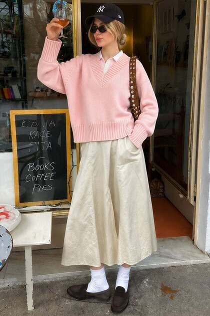 Pembe V Yaka Oversize Kadın Triko Kazak MG2149