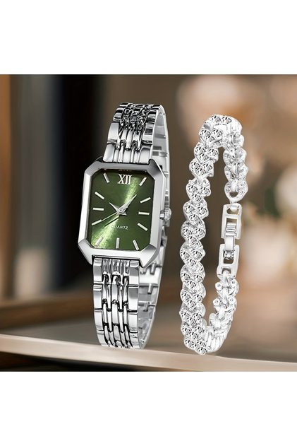 Silver Green Kit 2PCS/Set Fashion Rectangle Women Quartz Watch Ladies Roma Dial Wristwatches Rhinest
