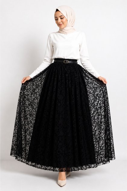 Flocked Printed Skirt with Inner Lining and Belt