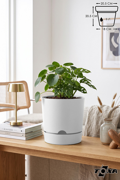 5 Litre Beyaz Saksı Tabaklı Dekoratif Mat Plastik Saksı