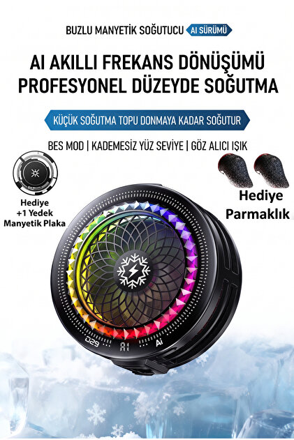 Yapay Zeka Destekli Telefon Soğutucu Dijital Göstergeli RGB Işıklı Akıllı Isı Kontrollü Mobil Soğutma Fanı Telefon Tablet iPad Tüm Cihazlarla Uyumlu Magesafeli ve Klipsli 7500 RPM Turbo Fan
