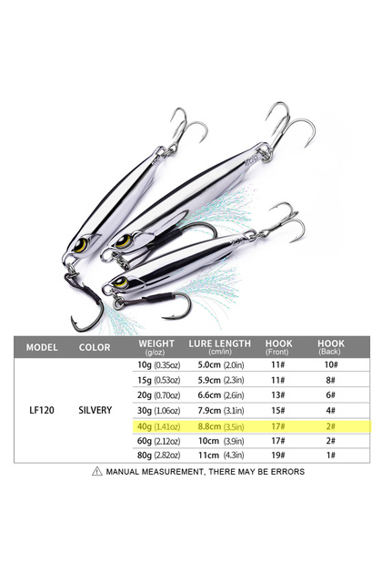 40G 1pc Electroplated Spoon Metal Jigs Fishing Lures with Hooks -10g-80g Ideal for Catching Mackerel