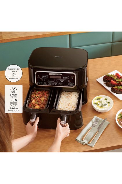 Yeni 8 Kişilik Aile Boyu Çift Hazneli Fritöz Airfryer, Ev Yemeği Fonksiyonlu 8 Farklı Pişirme Programlı
