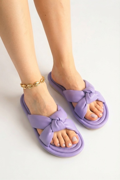 Women's Lilac Puff Slippers Soft Soled Lightweight Flexible Fluffy Ribbon Detailed Summer Comfortable Sandals 23
