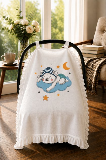 100% Muslin Baby Stroller Cover with Ruffle Detail and Sleeping Bear Pattern, White 70X110 cm