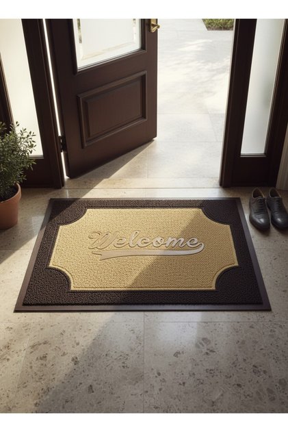 Brown - Cream Hygienic Curly Doormat 40X60 cm - with "Welcome" Written - Moisture Absorbing Door Mat