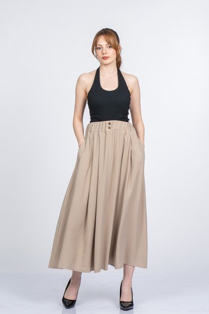 Women's Summer Beige Pure Lady Elastic Waist Long Skirt Stylish Daily Comfortable 6782