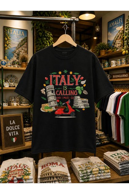 Italy Is Calling Chest Printed 100% Cotton Oversize Loose Regular Fit Crew Neck T-Shirt