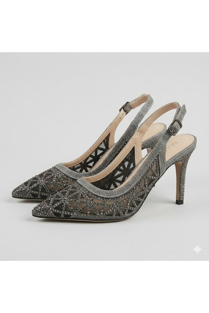 (Öz Maçan) Women's Closed-Toe Heeled Shoes with Drop Stone Detail Black