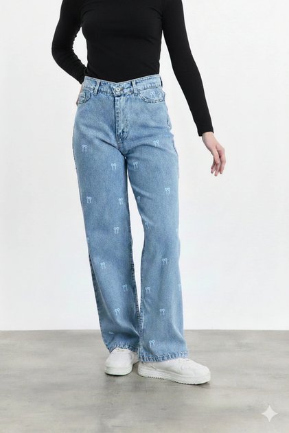 Palazzo Salaş Wide Leg Boyfriend Pants with Embroidery Detail on the Front
