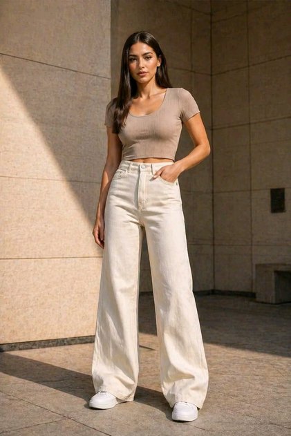 Lussi 90's Likralı Kadın Bej Süper Yüksek Bel Salaş Paça Denim Kot Pantolon Lvk-001040a