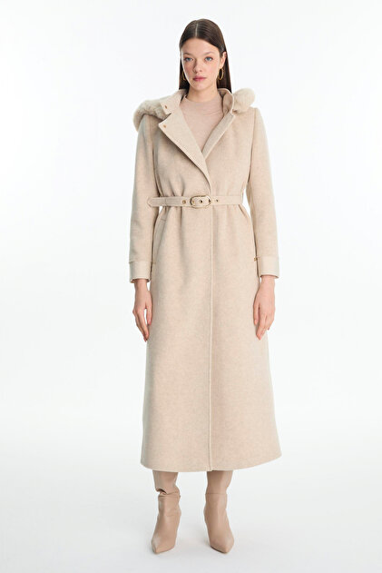 Hooded Fur Detailed Belted Coat Beige 13841