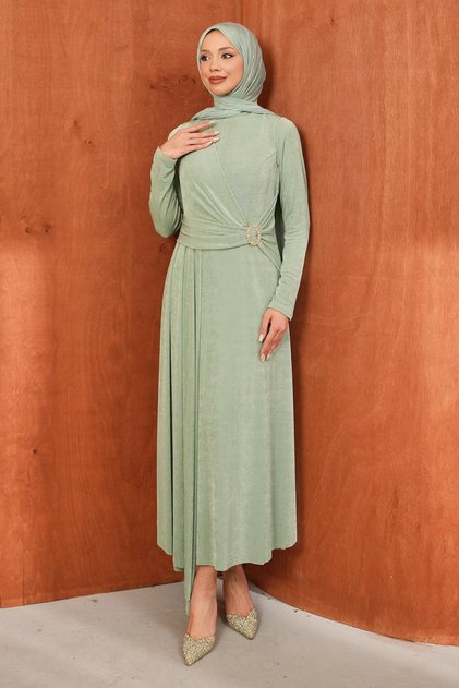 Mint Green Draped Evening Dress with Waist Buckle