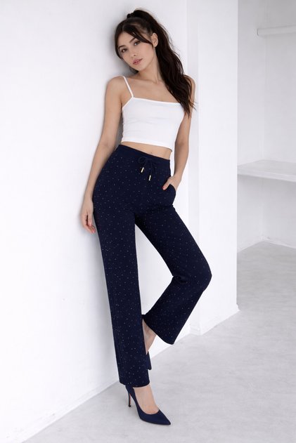 Stone Detailed Comfortable Cut Modal Trousers / High Waist Elasticized Wide Legs