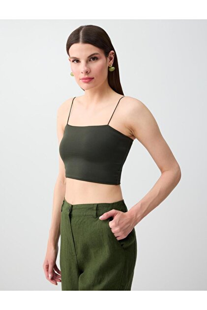 Khaki Slim Fit Open Collar Short Knitted Bralet