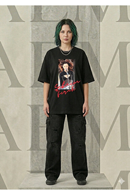 Unisex Şebnem Ferah Baskılı Oversize Bisiklet Yaka Siyah T-shirt