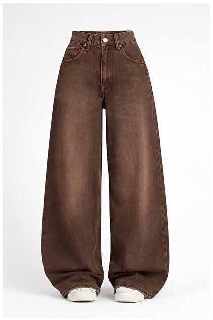 Kadın kahve rengi Baggy 3449_s04 yüksek bel jean pantolon