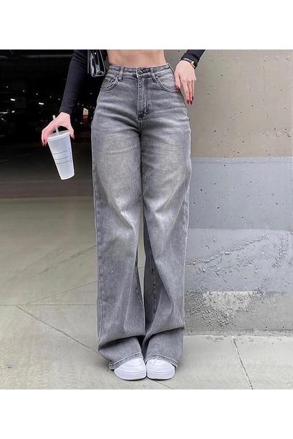 Gray Washed Baggy Retro Flared Jeans Trousers