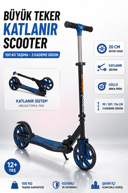 Büyük Tekerlekli Katlanabilir Scooter 3 Kademe Ayarlanabilir Gidonlu 100kg Taşıma Kapasiteli Scooter 12+Yaş
