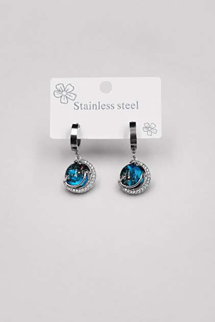 Women's Silver Color Blue Stone Sky Earrings Dangle Steel Hoop Earrings