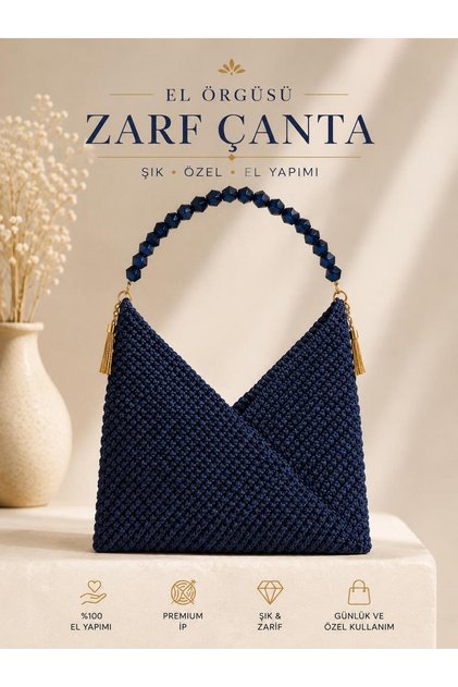 Hand Knitted Women's Envelope Bag with Navy Blue Stone Handle Premium Handmade Shoulder Bag