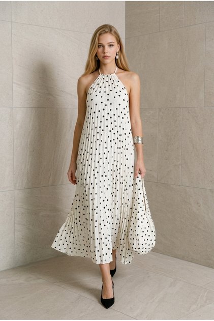 Women's White Polka Dot Pleated Backless Satin Dress Yy101406
