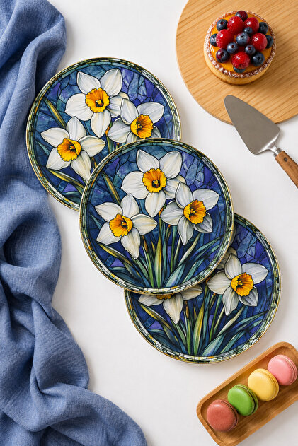 Lacivert Fonlu Nergis Çiçek Desenli (6 Adet 20 CM) Pasta Tabağı Seti – Tatlı ve Kahvaltı Sunum Tabağı