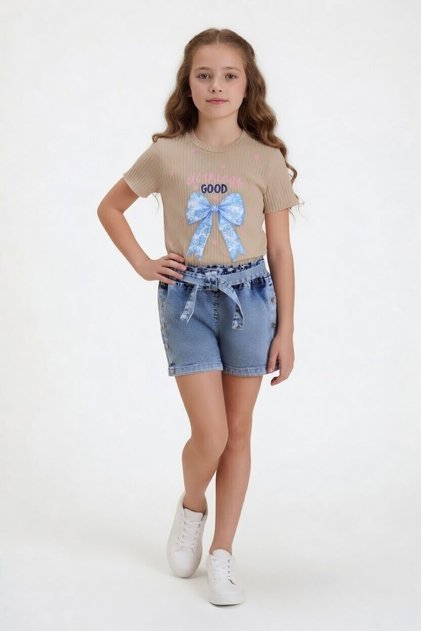 Beige Bow Patterned Belted Jean Shorts Girls' Set 24094